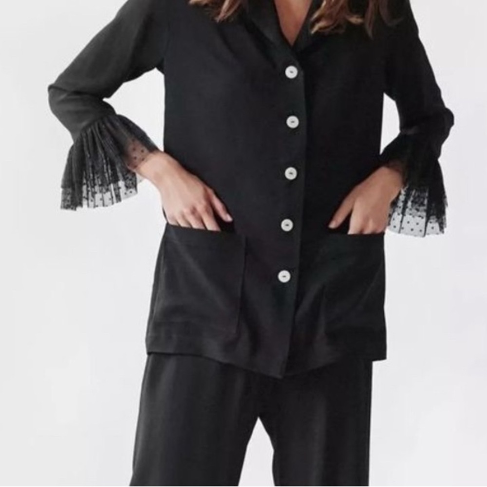 Sleeper Black Button Down Top with Ivory Accents